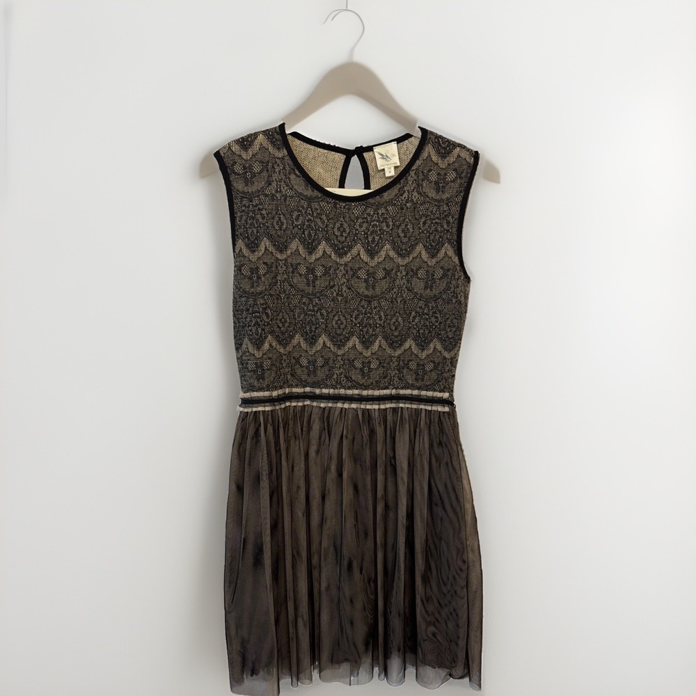 Weston Wear Anthropologie Sleeveless Luxe Knit Tulle Skirt Dress Black Tan M